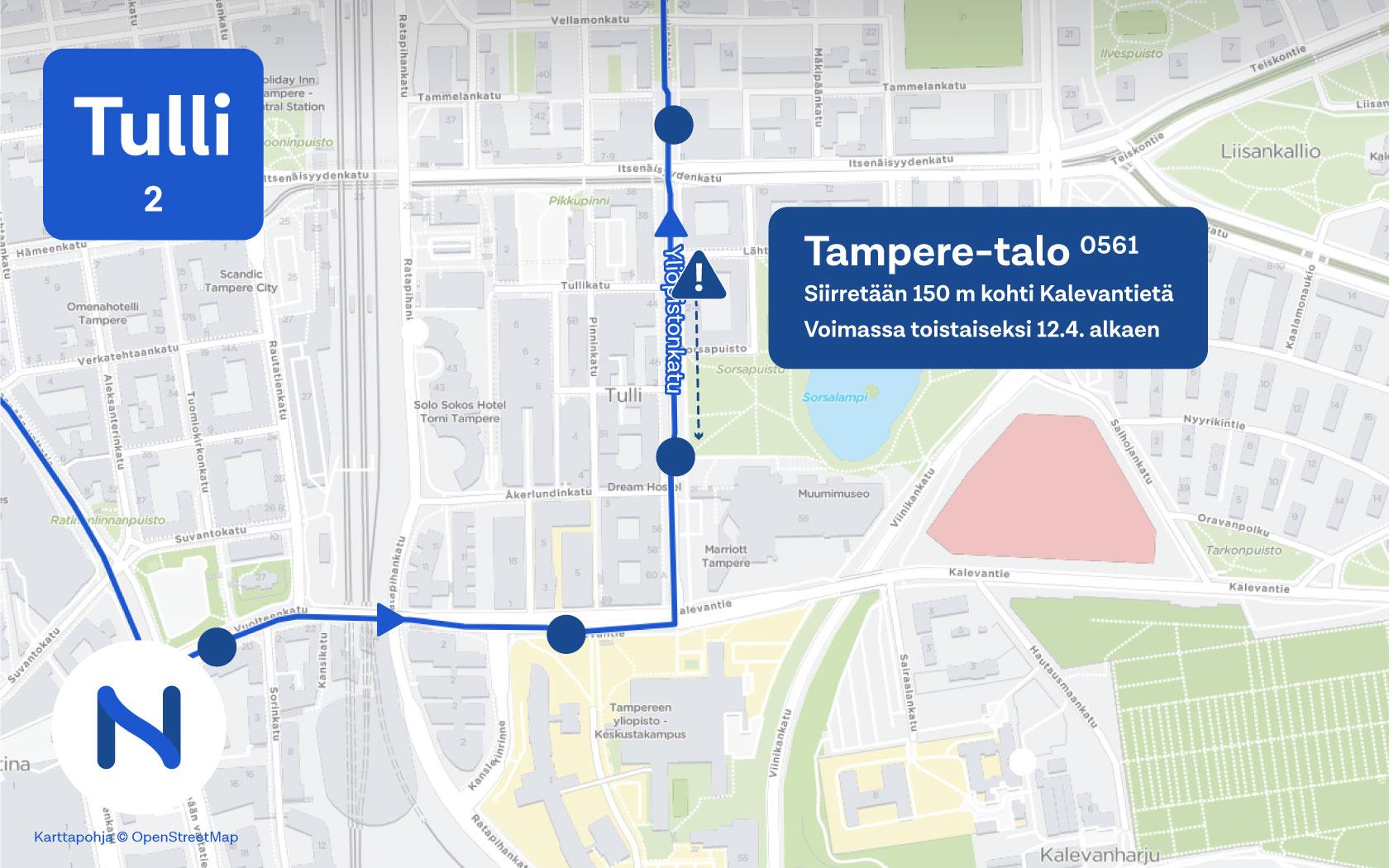 Tampere-talon pysäkki siirtyy 12. huhtikuuta. Muutos on voimassa toistaiseksi. Kuva: Tampereen seudun joukkoliikenne