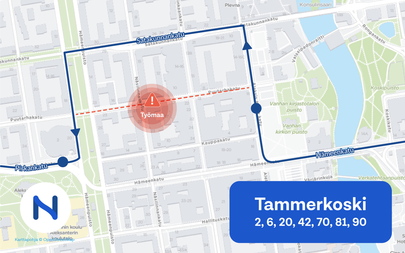 Työmaa estää bussiliikenteen Puutarhakadulla. Grafiikka: Tampereen seudun joukkoliikenne