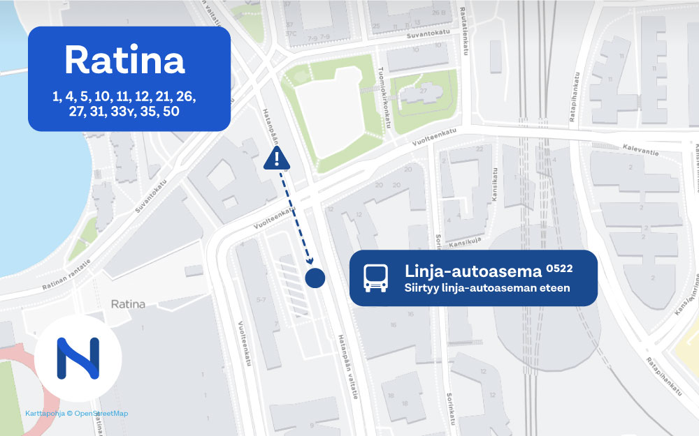 Uusi pysäkin paikka tulee käyttöön maanantaina 31.5. Grafiikka: Tampereen seudun joukkoliikenne