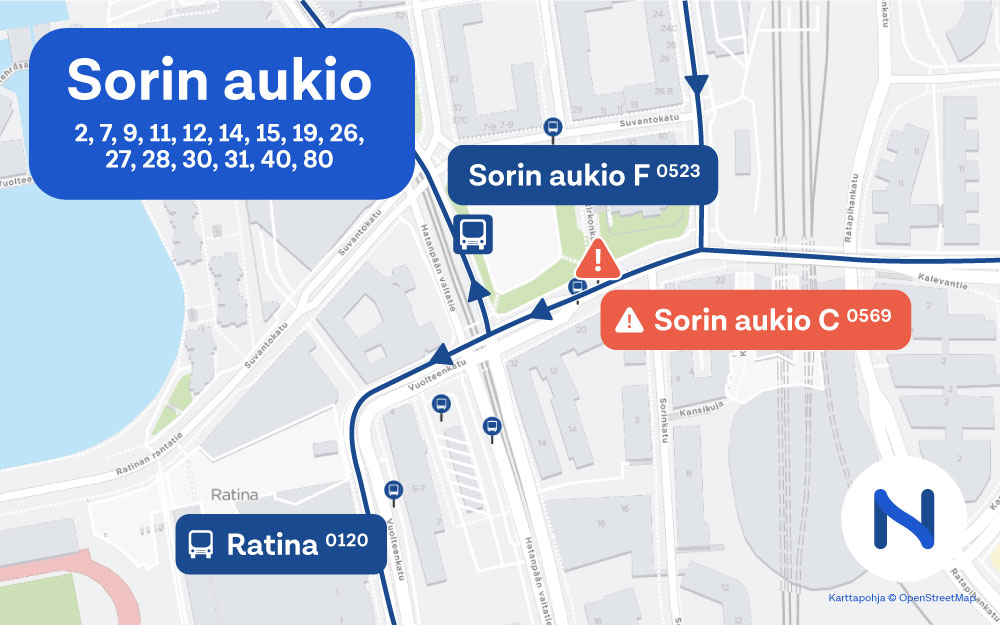 Pysäkki poistuu käytöstä työmaan takia. Se palannee käyttöön syyskuussa. Grafiikka: Tampereen seudun joukkoliikenne