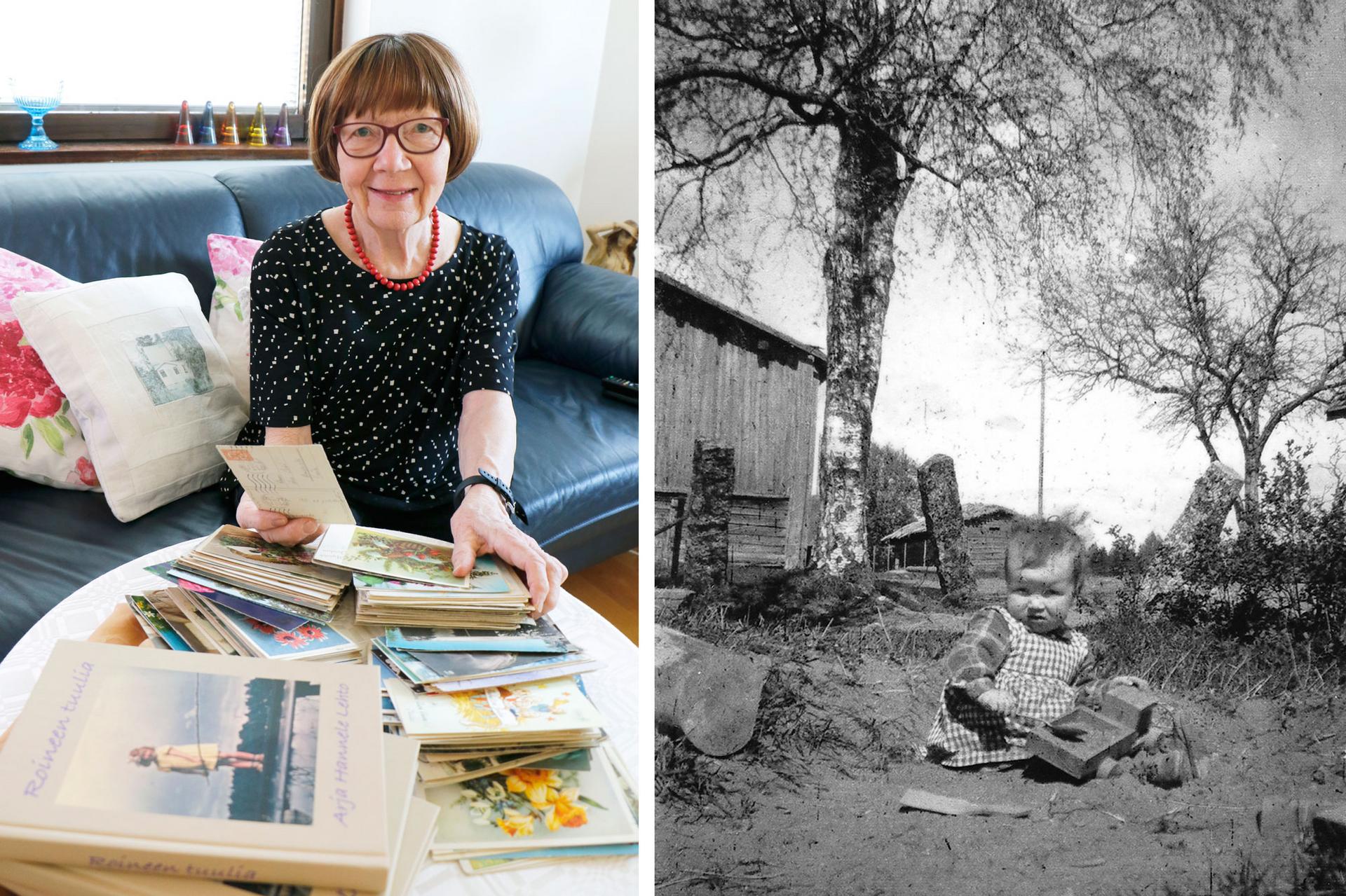 Arja Lehdolle on vuosien saatossa kertynyt paljon kirjallista aineistoa, josta oli hyötyä elämäntarinan kirjoittamisessa. Mummulta perityn aarrearkun sisältö on sekin osoittanut tarpeellisuutensa. Mustavalkokuvassa Arja Lehto leikkii Vänninsalossa keväällä 1950.