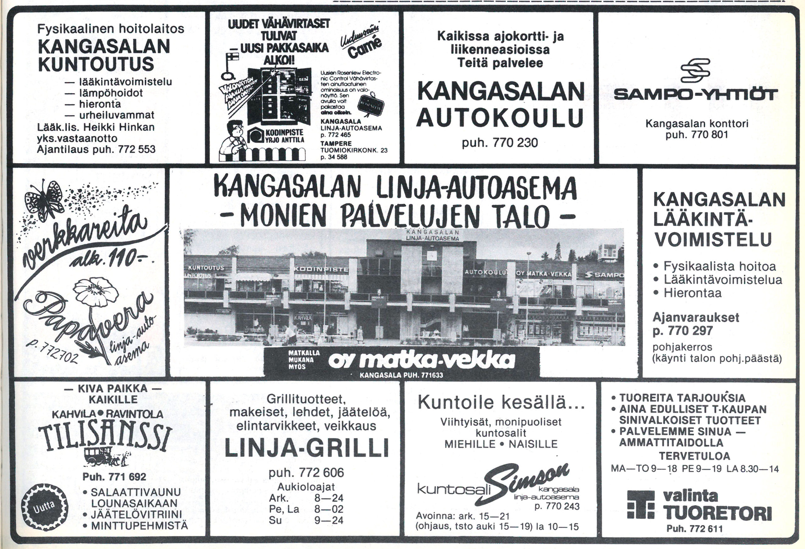Kangasalan ainakin toistaiseksi viimeinen linja-autoasema purettiin keväällä 2018. 1980-luvulla se palveli kuntalaisia monin eri palveluin. Mainos Kangasalan Sanomista juhannuksen alla 17.6.1983.