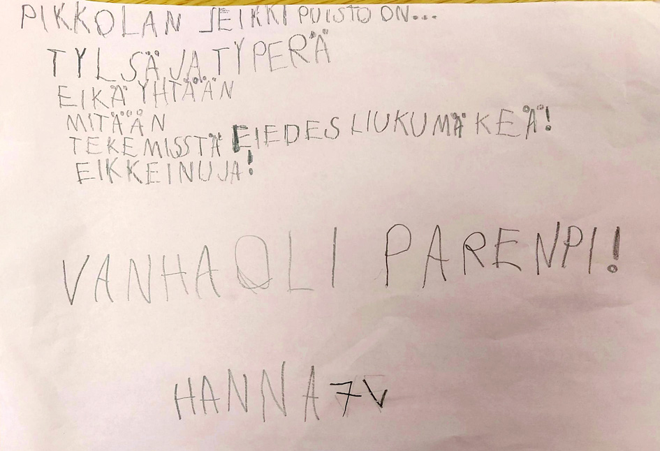 Kangasalan Sanomien toimitukseen saapui 7-vuotiaan Hannan mielipidekirjoitus.