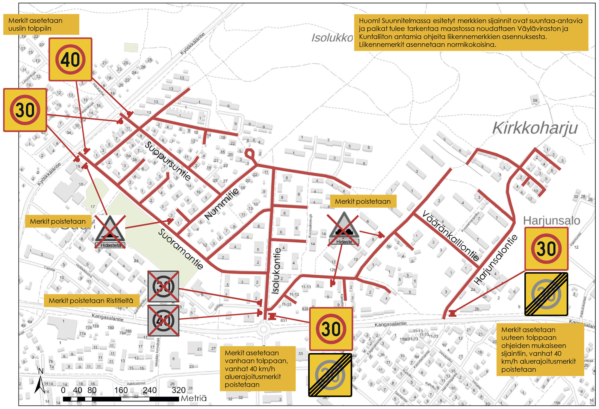 Liikenteenohjaussuunnitelma Suoraman alueen nopeusrajoitusmuutoksista. Kuva: Kangasalan kaupungin rakentamisen palvelualue