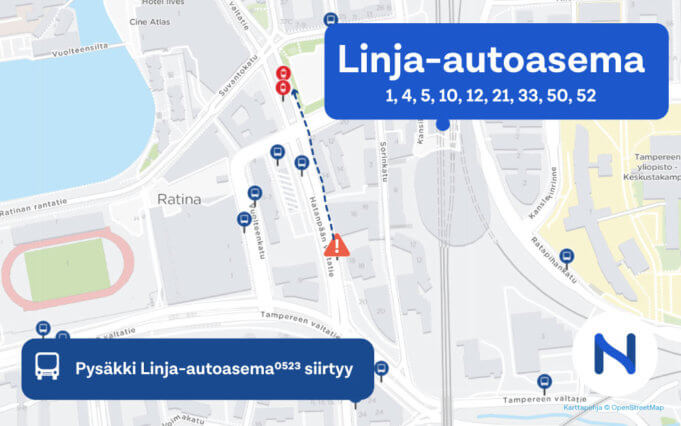 Linja-autoaseman pysäkki väistää työmaan tieltä noin 100 metrin päähän. Kuva: Tampereen seudun joukkoliikenne