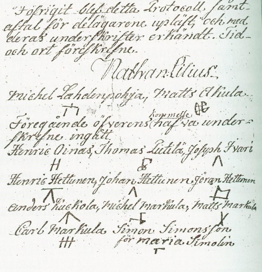 Ote maanmittari Nathan Liliuksen laatimasta pöytäkirjasta vuodelta 1815. Pöytäkirjan ovat varmentaneet allekirjoituksillaan eli puumerkeillään Sahalahden Tursolan kylän talolliset.